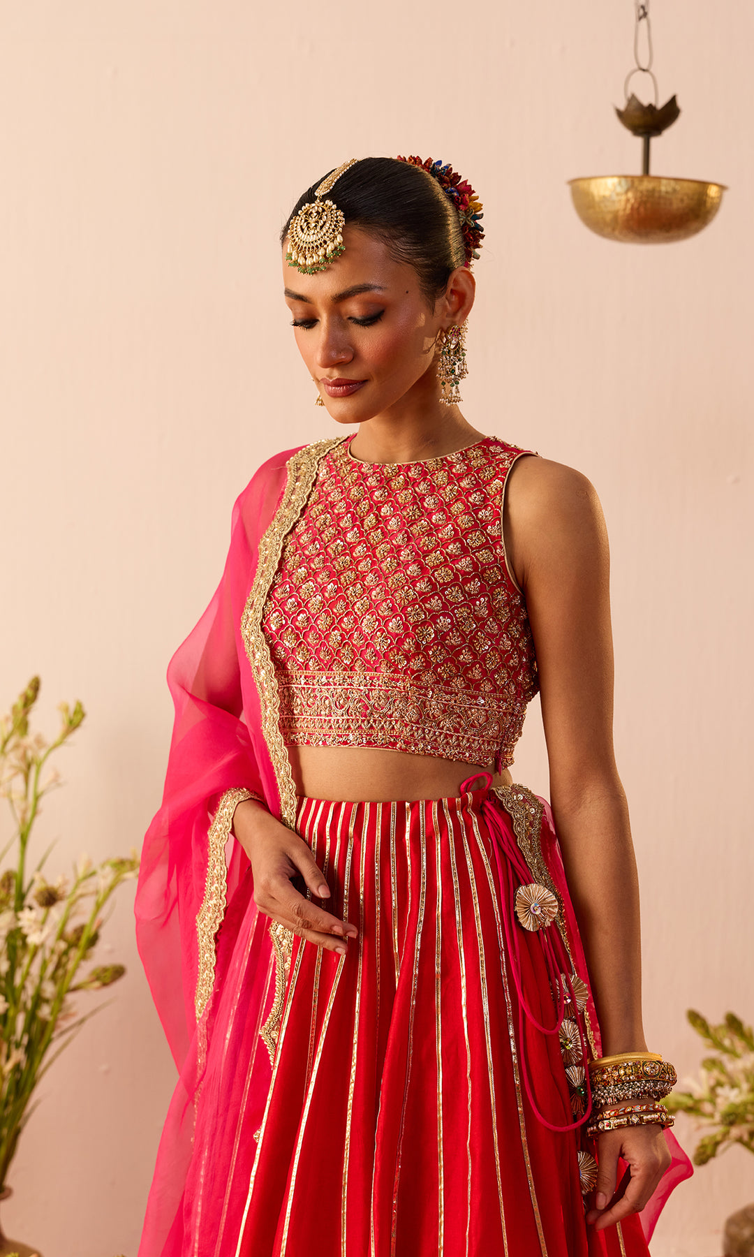 Arezoo- Magenta Chanderi Lehenga with Hand Embroidered Blouse and Organza Dupatta (set of 3)