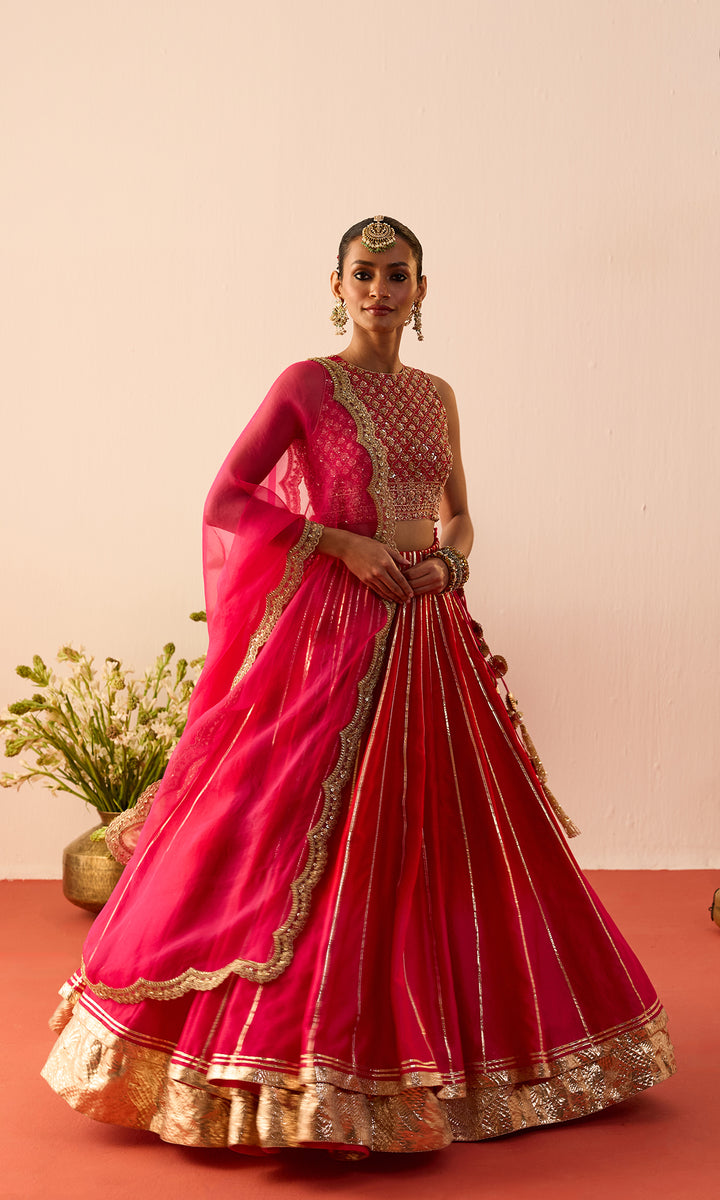 Arezoo- Magenta Chanderi Lehenga with Hand Embroidered Blouse and Organza Dupatta (set of 3)