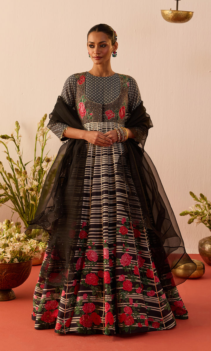 Viana Set- Black Digitally Printed Chanderi Anarkali with Dupatta (set of 2)