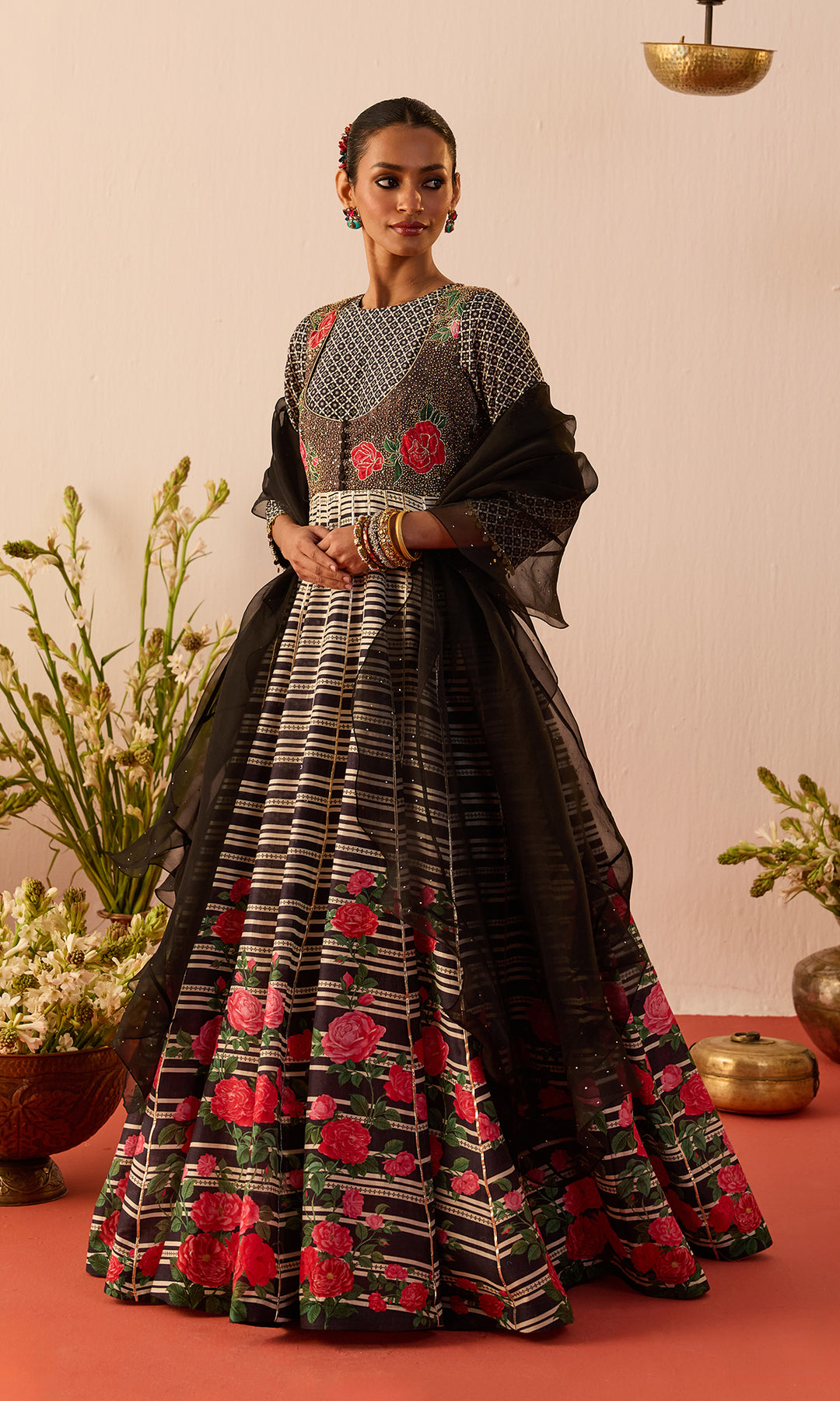 Viana Set- Black Digitally Printed Chanderi Anarkali with Dupatta (set of 2)