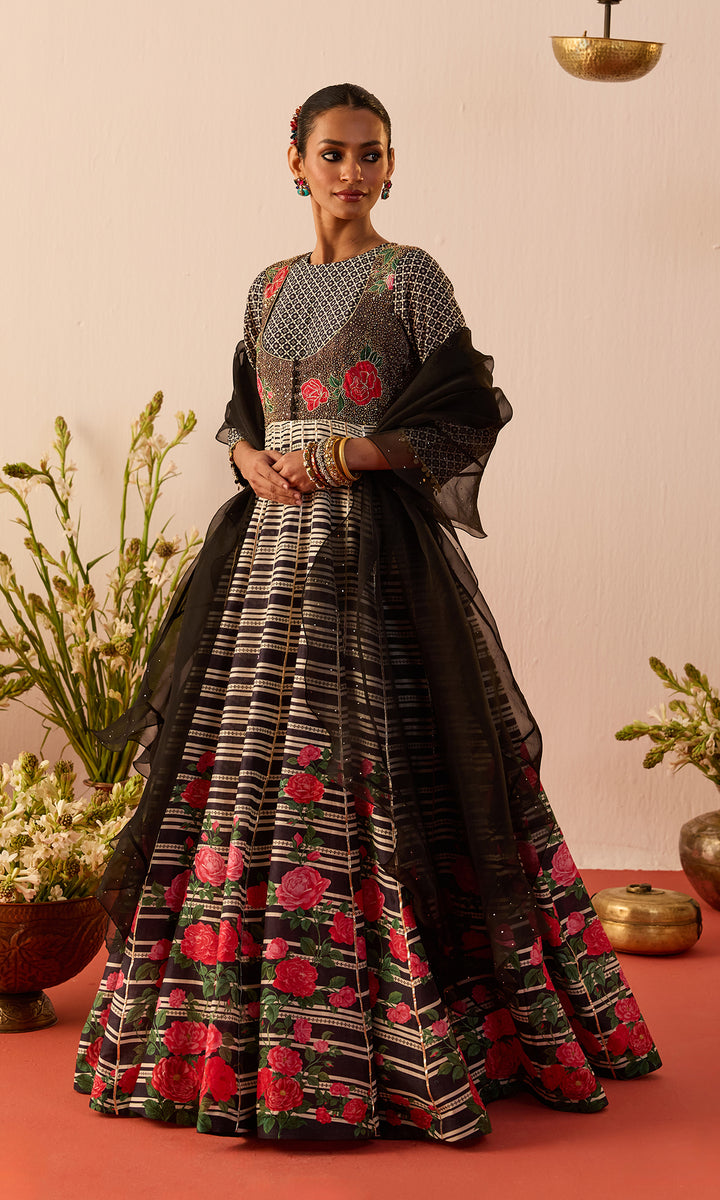 Viana Set- Black Digitally Printed Chanderi Anarkali with Dupatta (set of 2)