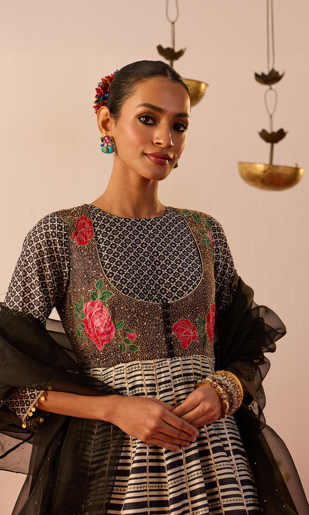 Viana Set- Black Digitally Printed Chanderi Anarkali with Dupatta (set of 2)