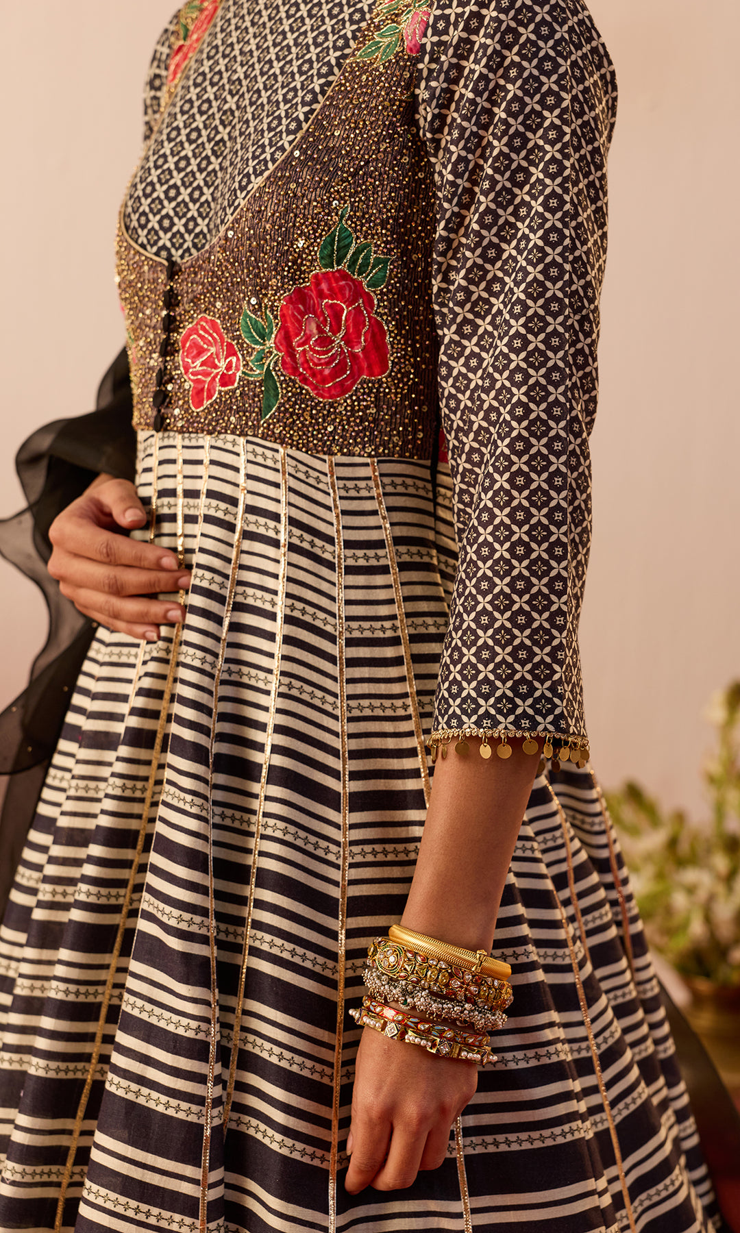 Viana Set- Black Digitally Printed Chanderi Anarkali with Dupatta (set of 2)