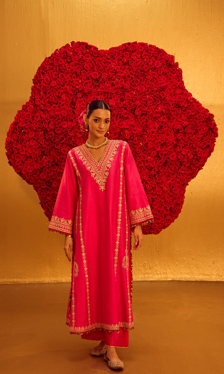 Mahnoor Set- Pink Chanderi Embroidered Kaftan Set