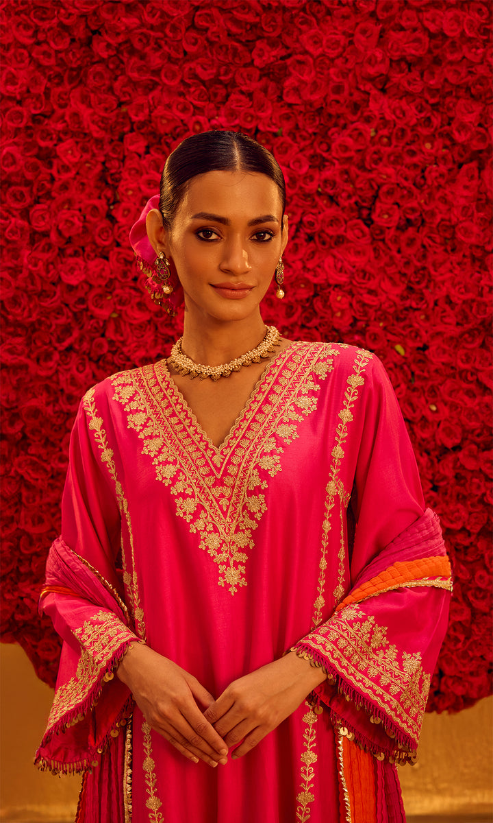 Mahnoor Set- Pink Chanderi Embroidered Kaftan Set