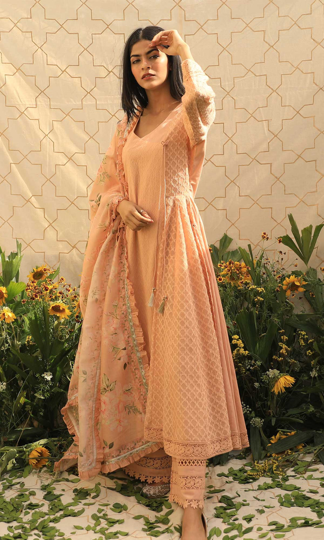 Lacey Daisy Set- Peach cotton-jamdani angrakha with pant and dupatta (set of 3)