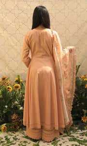 Lacey Daisy Set- Peach cotton-jamdani angrakha with pant and dupatta (set of 3)