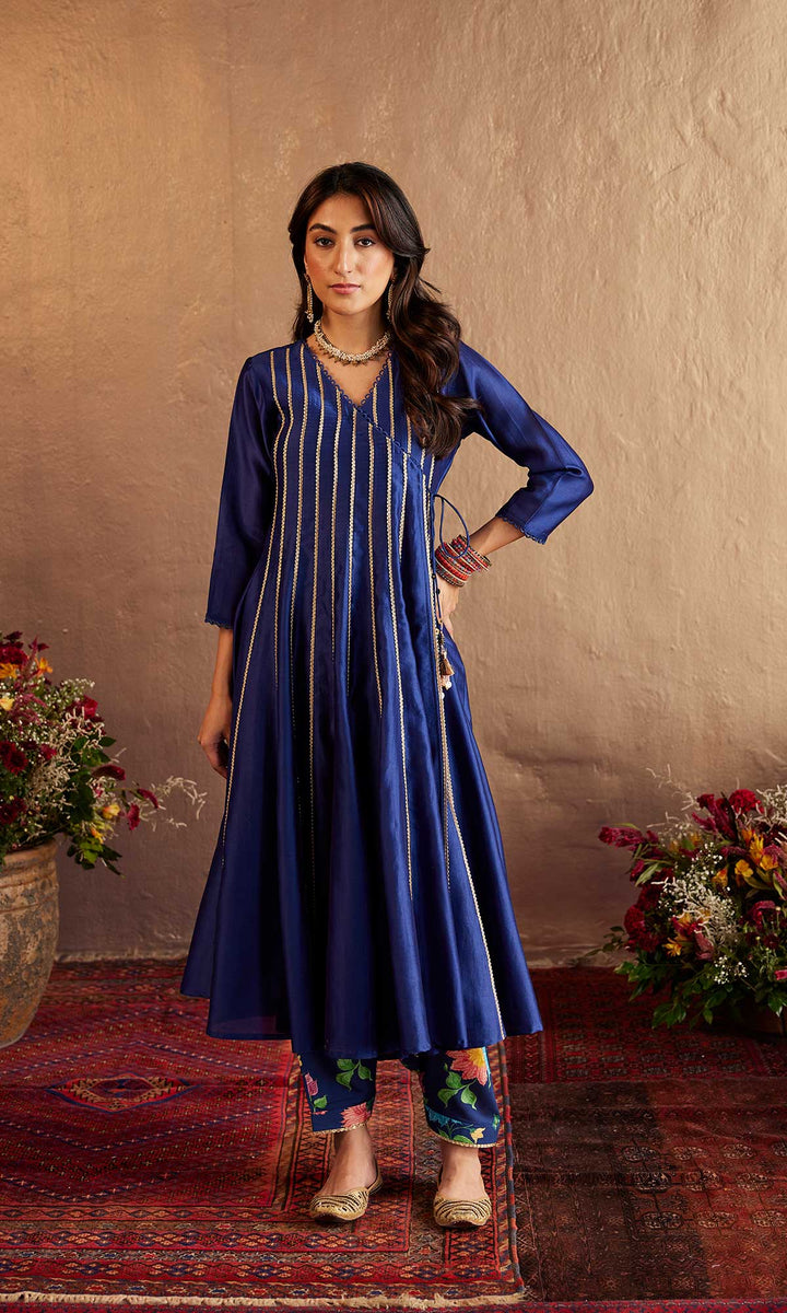 Zara Set- Mustard chanderi angrakha with salwar and embroidered dupatta (set of 3)