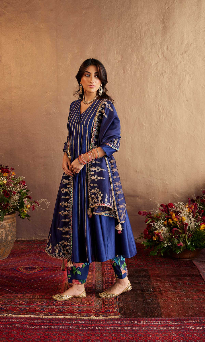 Zara Set- Mustard chanderi angrakha with salwar and embroidered dupatta (set of 3)