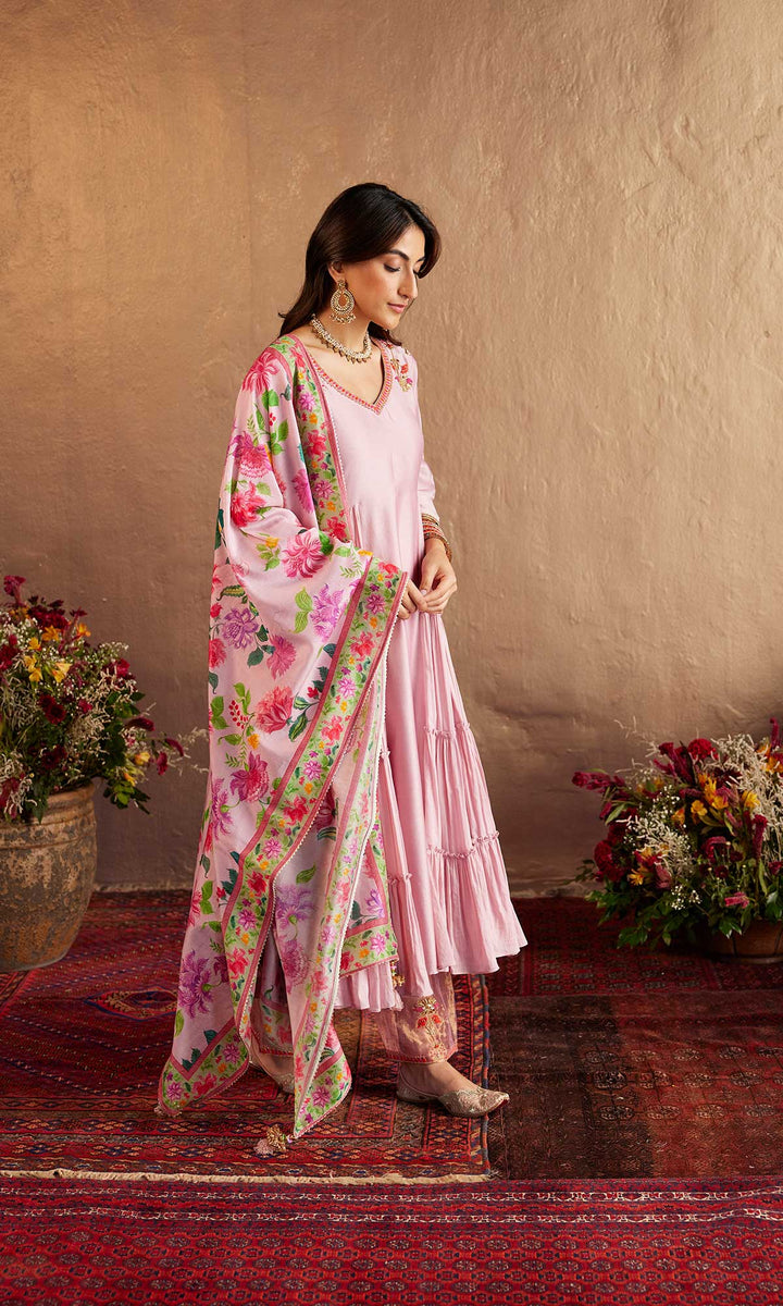 Qirat Set- Pink chanderi-mulmul hand embroidered kurta with pant and dupatta (set of 3)