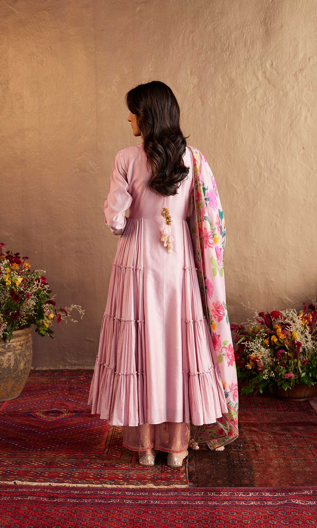 Qirat Set- Pink chanderi-mulmul hand embroidered kurta with pant and dupatta (set of 3)