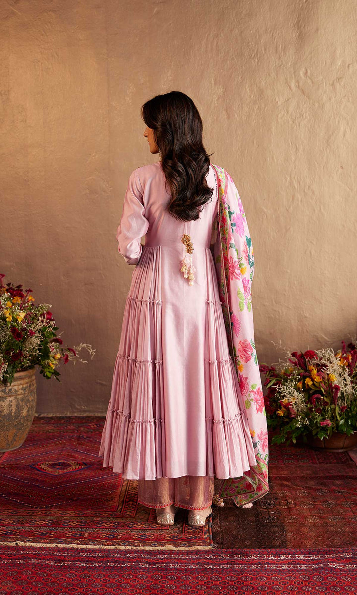 Qirat Set- Pink chanderi-mulmul hand embroidered kurta with pant and dupatta (set of 3)