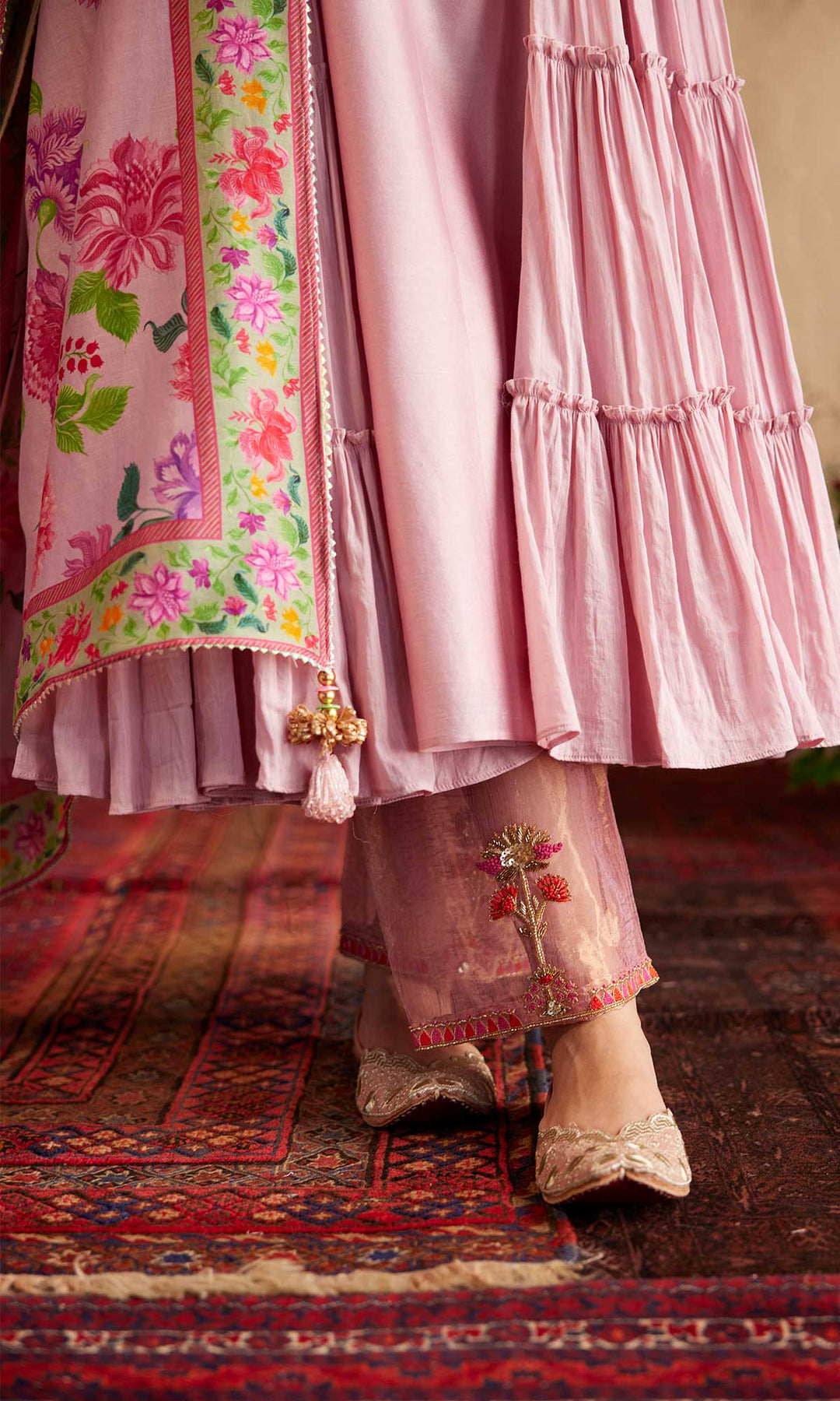 Qirat Set- Pink chanderi-mulmul hand embroidered kurta with pant and dupatta (set of 3)