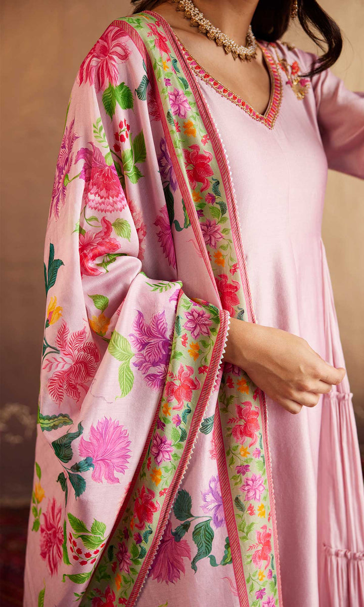 Qirat Set- Pink chanderi-mulmul hand embroidered kurta with pant and dupatta (set of 3)