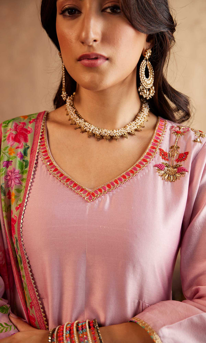 Qirat Set- Pink chanderi-mulmul hand embroidered kurta with pant and dupatta (set of 3)