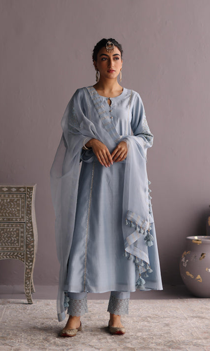 Naaz Set- Baby Blue chanderi hand embroidered kalidar kurta with Pants and dupatta (set of 3)