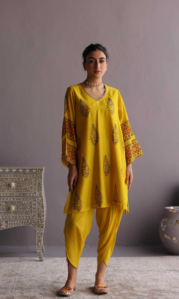 Ezzah Set- Kora chanderi block printed hand embroidered oversized kurta with dhoti (set of 2)