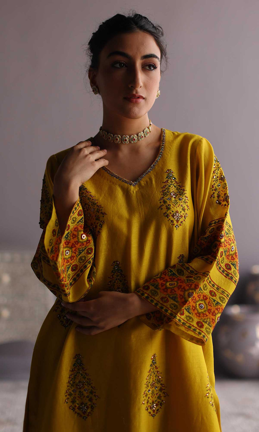 Ezzah Set- Haldi chanderi block printed hand embroidered oversized kurta with dhoti (set of 2)