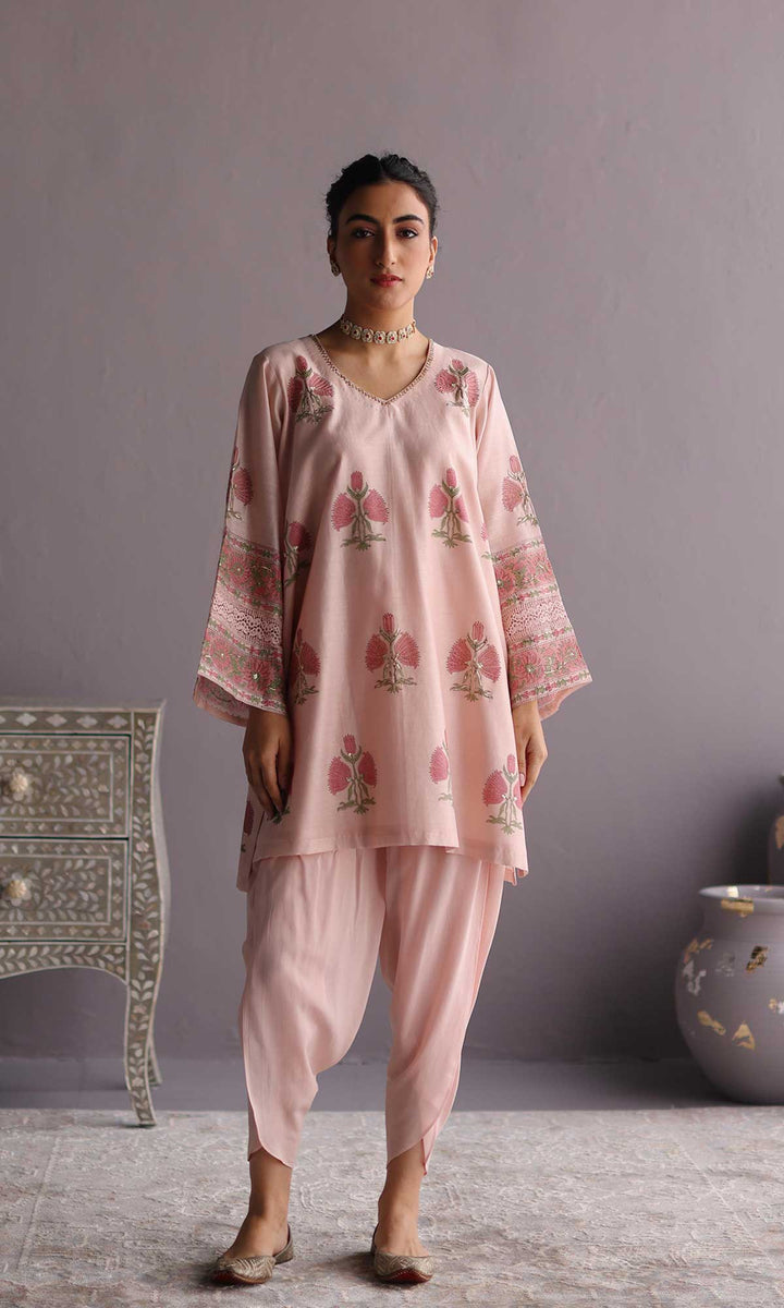 Ezzah Set- Baby Pink chanderi block printed hand embroidered oversized kurta with dhoti (set of 2)