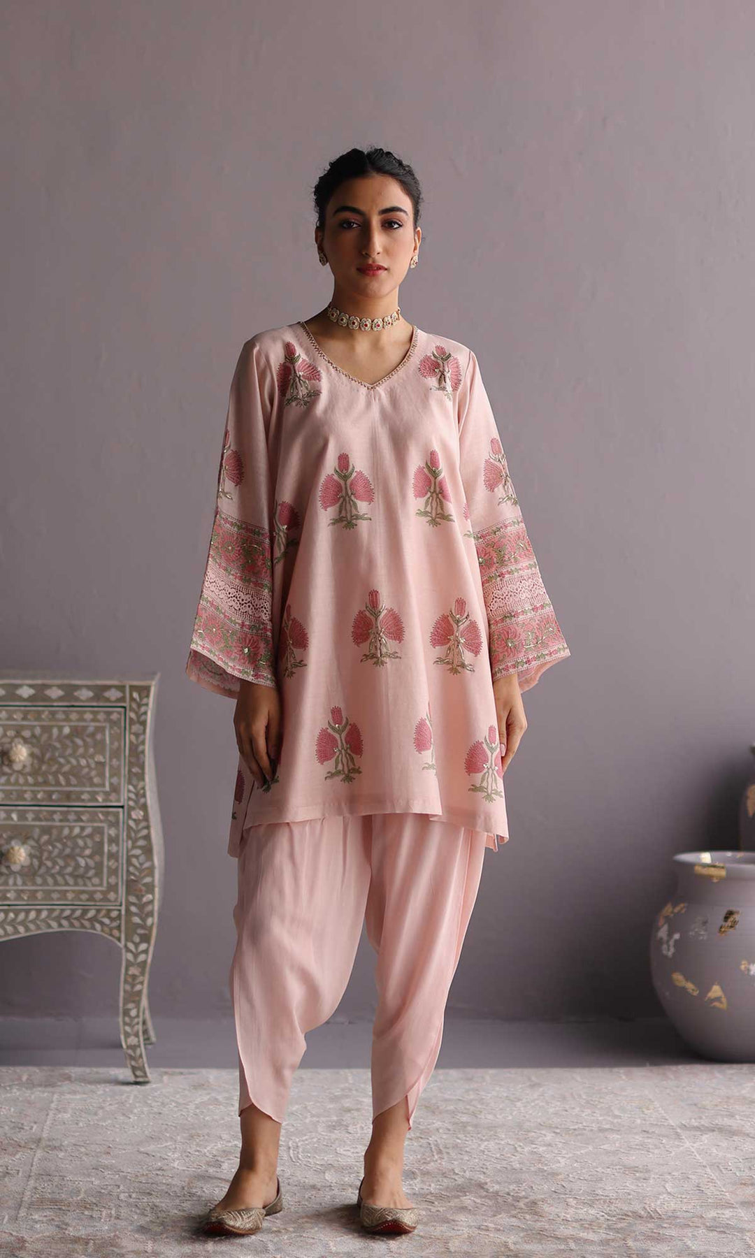 Ezzah Set- Kora chanderi block printed hand embroidered oversized kurta with dhoti (set of 2)