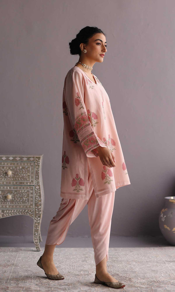 Ezzah Set- Kora chanderi block printed hand embroidered oversized kurta with dhoti (set of 2)