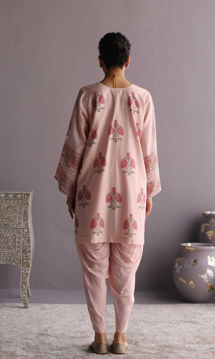 Ezzah Set- Kora chanderi block printed hand embroidered oversized kurta with dhoti (set of 2)