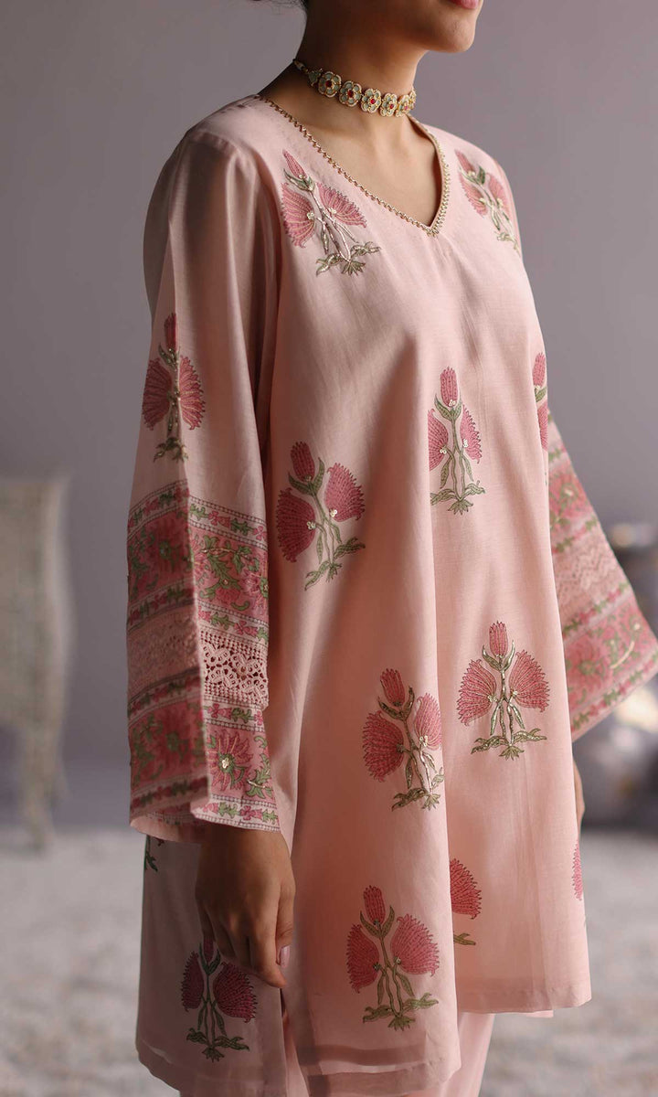 Ezzah Set- Kora chanderi block printed hand embroidered oversized kurta with dhoti (set of 2)
