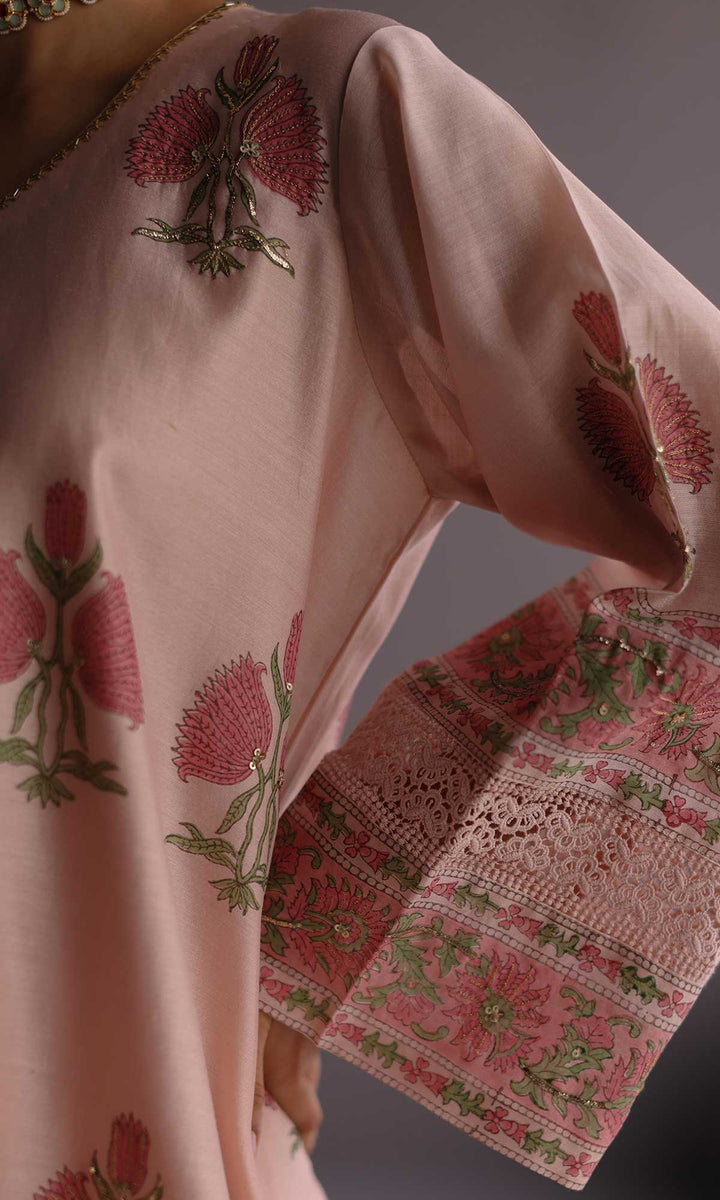 Ezzah Set- Kora chanderi block printed hand embroidered oversized kurta with dhoti (set of 2)