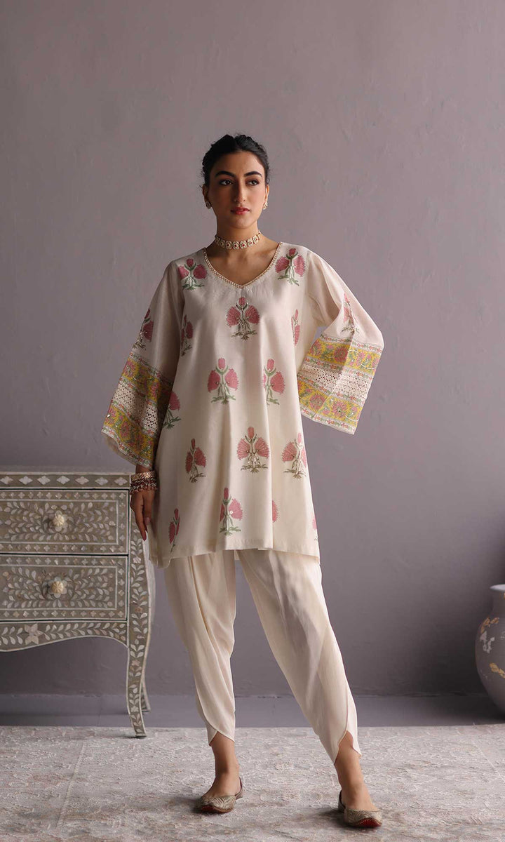 Ezzah Set- Kora chanderi block printed hand embroidered oversized kurta with dhoti (set of 2)