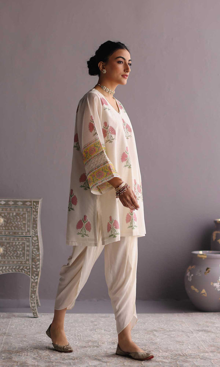 Ezzah Set- Kora chanderi block printed hand embroidered oversized kurta with dhoti (set of 2)