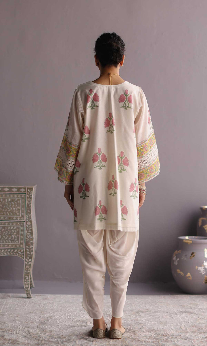 Ezzah Set- Kora chanderi block printed hand embroidered oversized kurta with dhoti (set of 2)