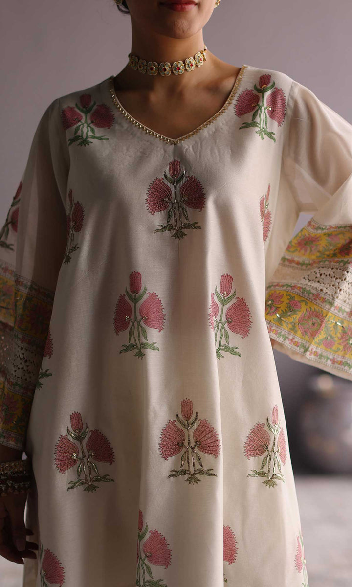 Ezzah Set- Kora chanderi block printed hand embroidered oversized kurta with dhoti (set of 2)