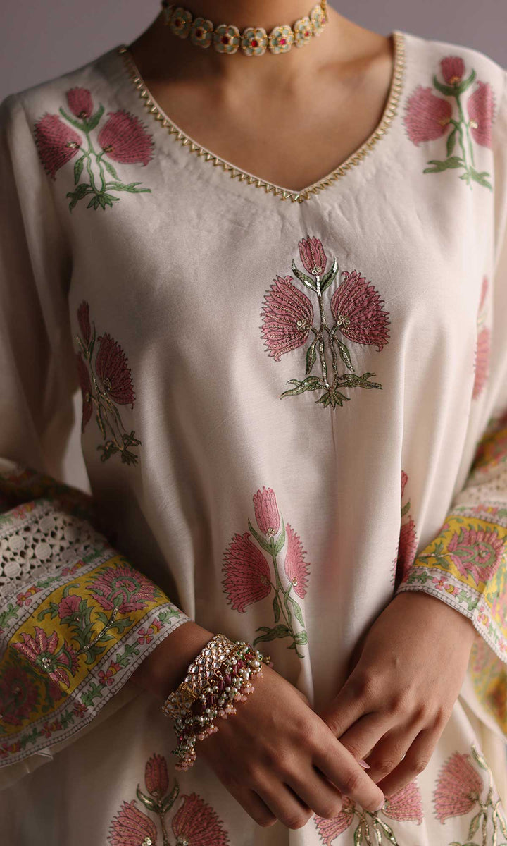 Ezzah Set- Kora chanderi block printed hand embroidered oversized kurta with dhoti (set of 2)