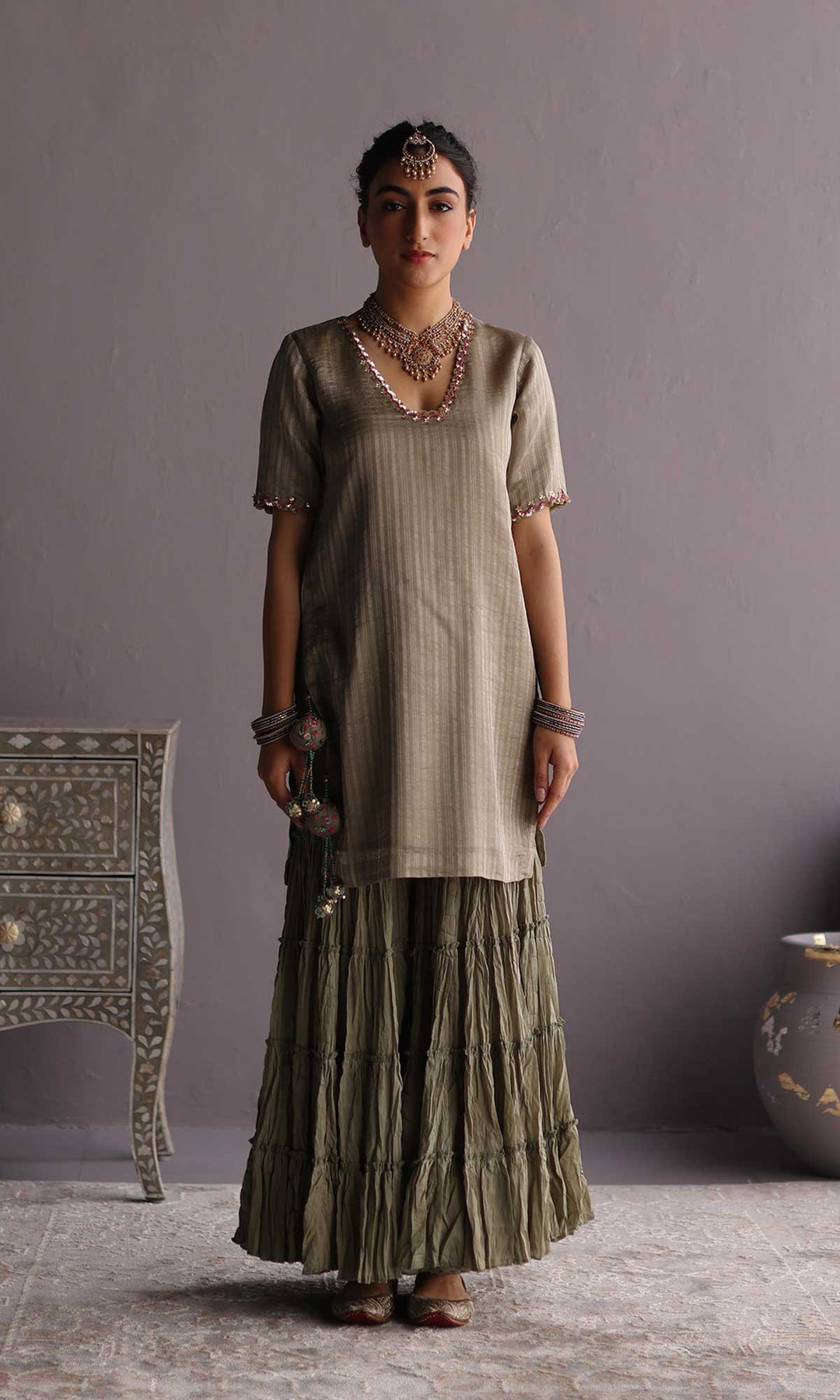 Daria Set- Blue chanderi hand embroidered sharara set (set of 3)