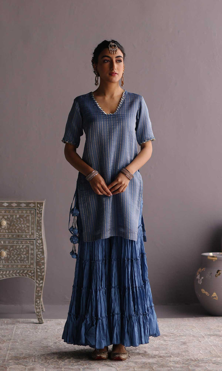 Daria Set- Blue chanderi hand embroidered sharara set (set of 3)