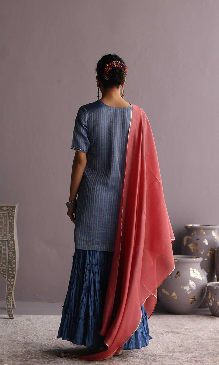 Daria Set- Blue chanderi hand embroidered sharara set (set of 3)