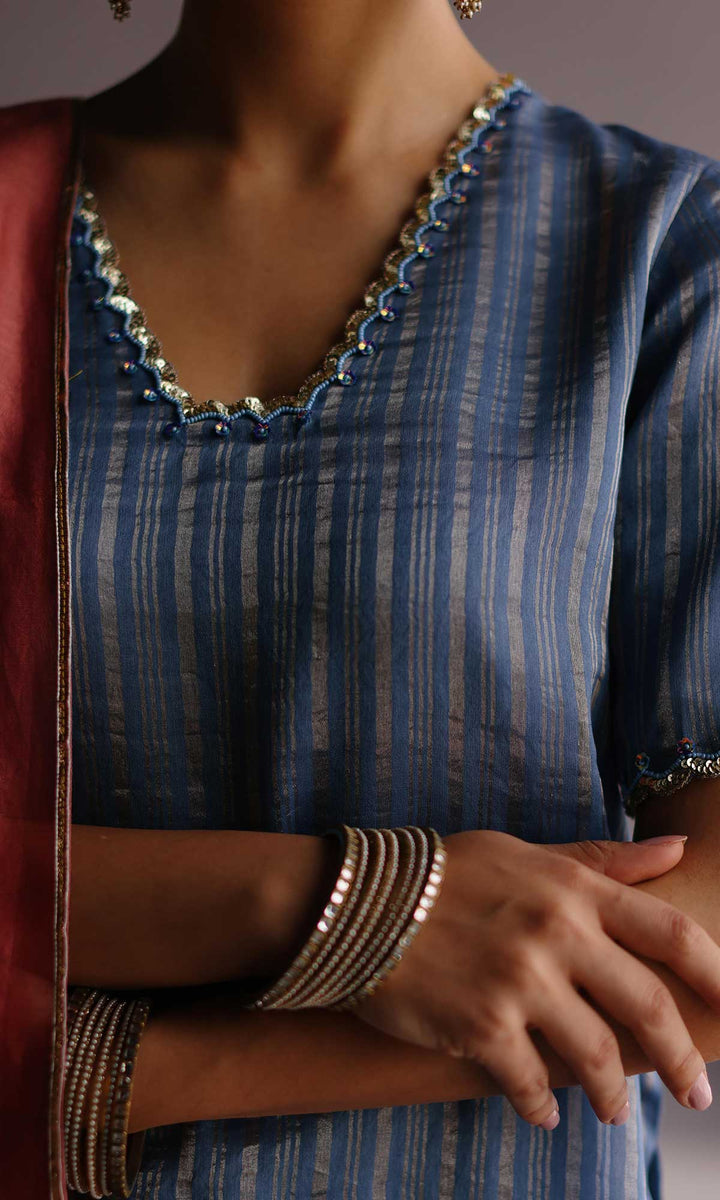Daria Set- Blue chanderi hand embroidered sharara set (set of 3)
