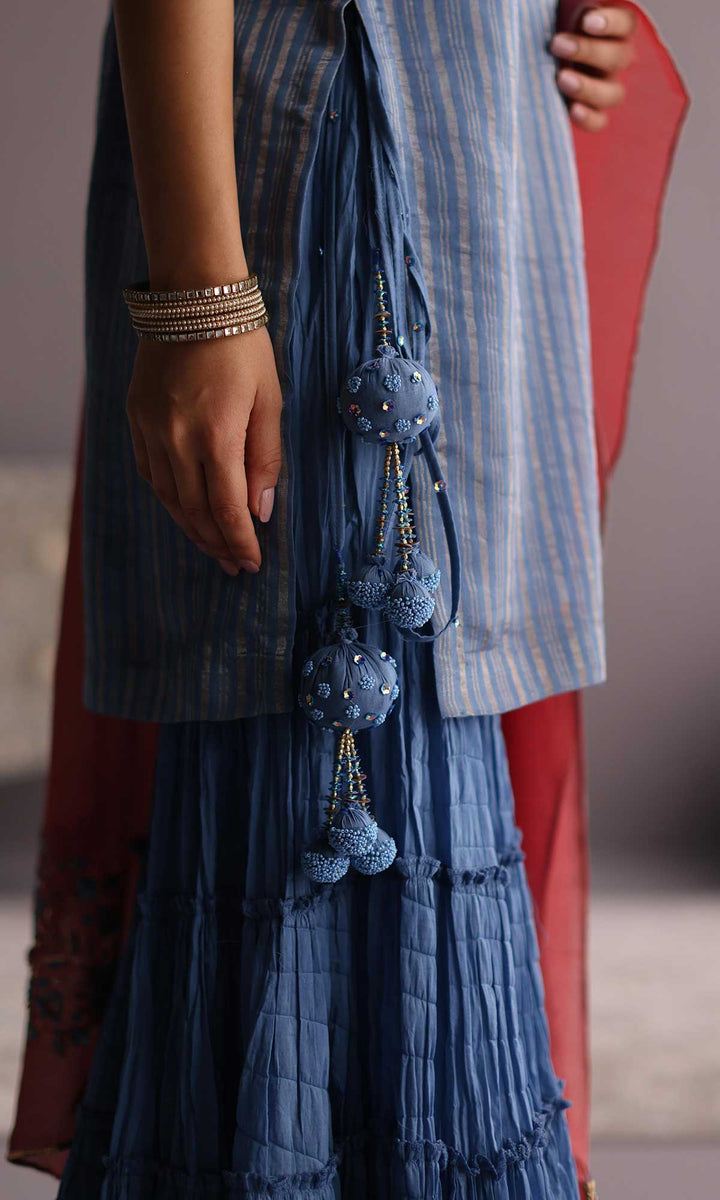 Daria Set- Blue chanderi hand embroidered sharara set (set of 3)