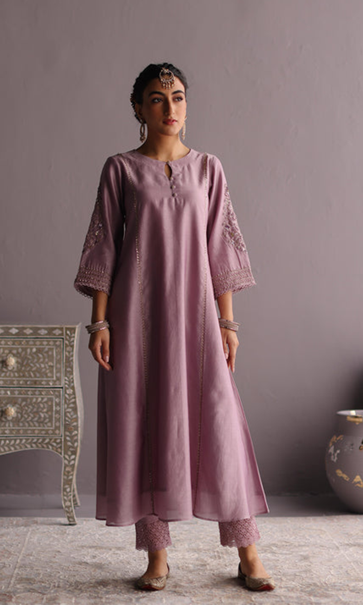 Naaz Set- Baby Blue chanderi hand embroidered kalidar kurta with Pants and dupatta (set of 3)