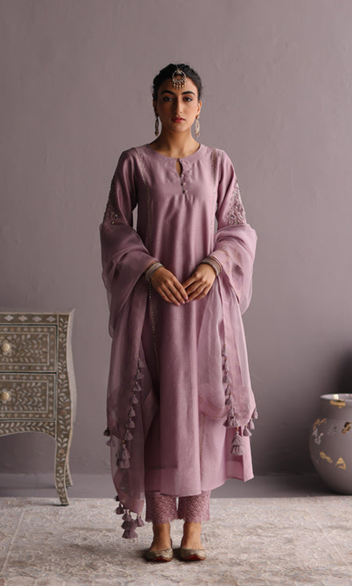 Naaz Set- Baby Blue chanderi hand embroidered kalidar kurta with Pants and dupatta (set of 3)