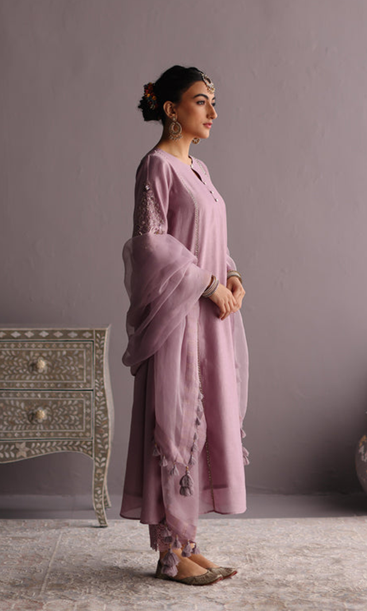 Naaz Set- Baby Blue chanderi hand embroidered kalidar kurta with Pants and dupatta (set of 3)