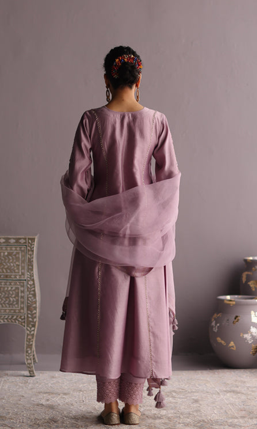 Naaz Set- Mauve chanderi hand embroidered kalidar kurta with Pants and dupatta (set of 3)