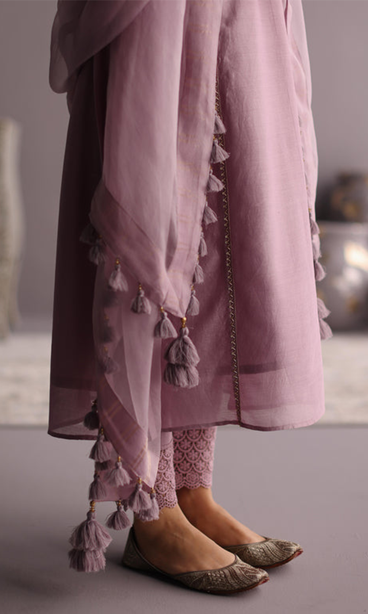 Naaz Set- Baby Blue chanderi hand embroidered kalidar kurta with Pants and dupatta (set of 3)