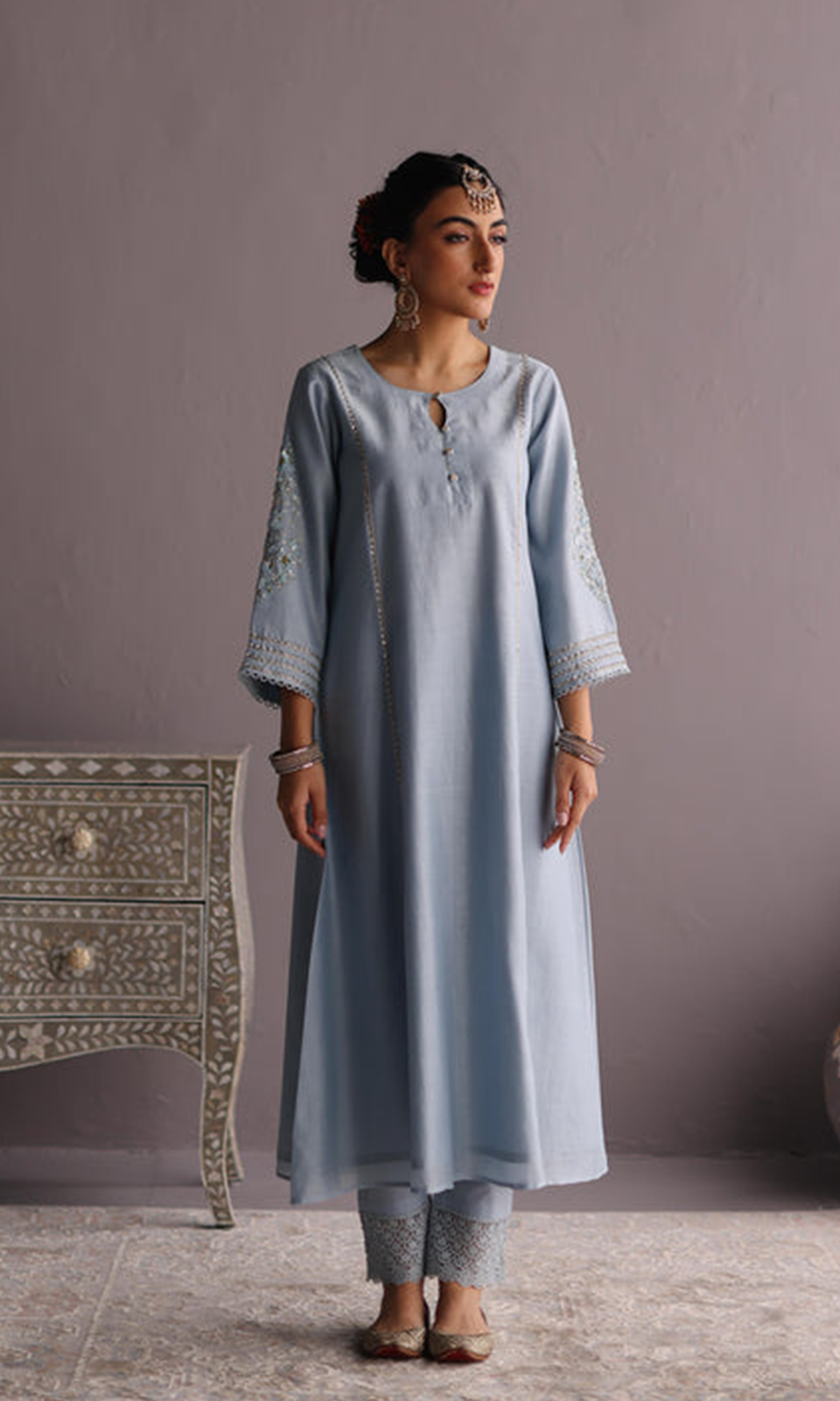 Naaz Set- Baby Blue chanderi hand embroidered kalidar kurta with Pants and dupatta (set of 3)