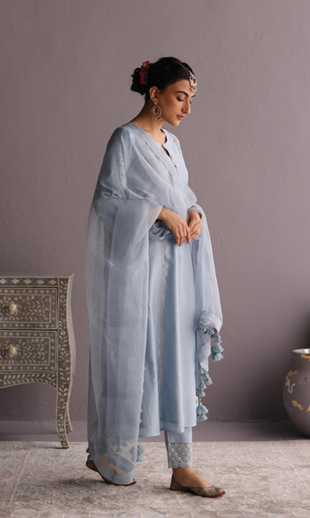 Naaz Set- Baby Blue chanderi hand embroidered kalidar kurta with Pants and dupatta (set of 3)