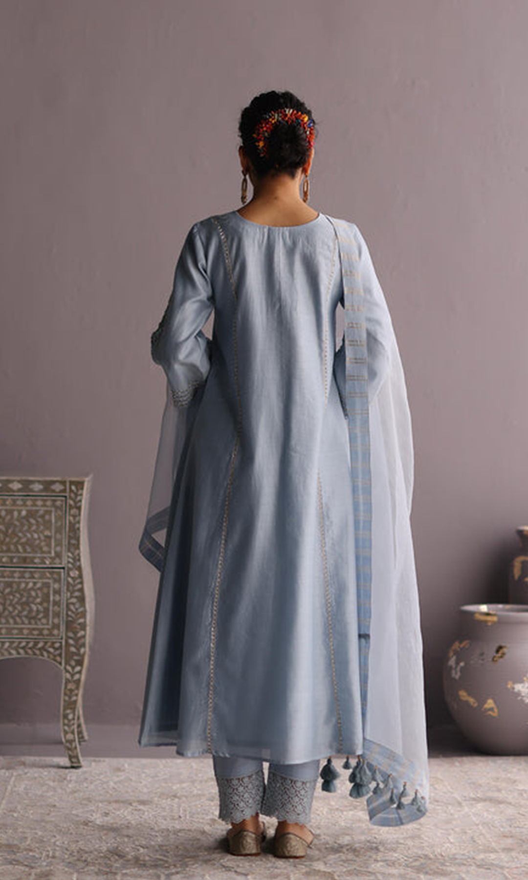 Naaz Set- Baby Blue chanderi hand embroidered kalidar kurta with Pants and dupatta (set of 3)