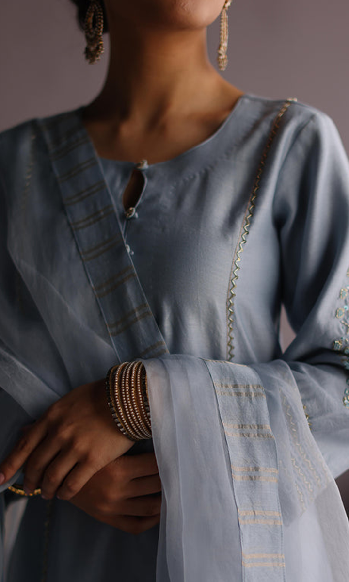 Naaz Set- Baby Blue chanderi hand embroidered kalidar kurta with Pants and dupatta (set of 3)