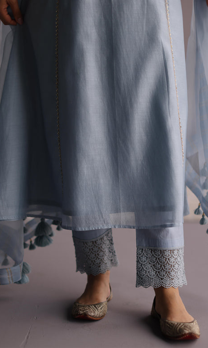 Naaz Set- Baby Blue chanderi hand embroidered kalidar kurta with Pants and dupatta (set of 3)