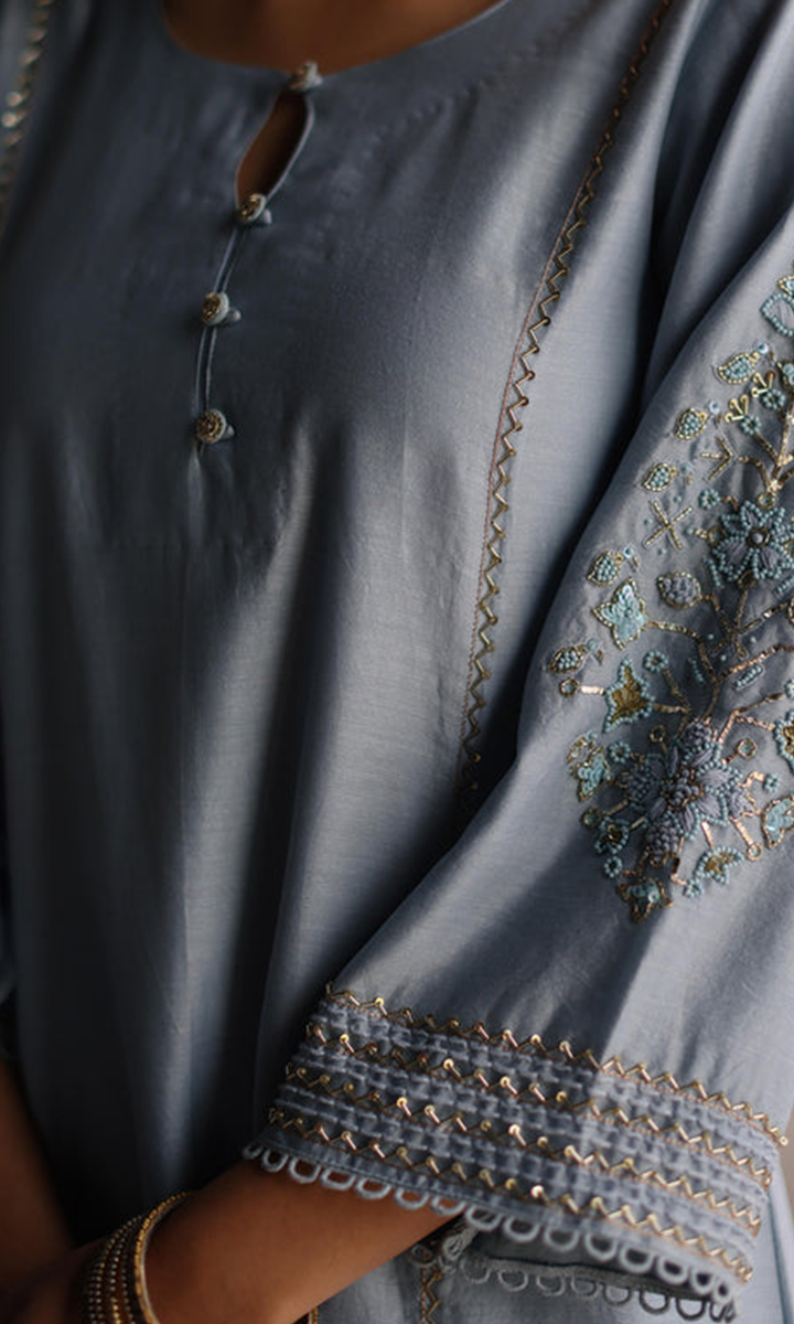 Naaz Set- Baby Blue chanderi hand embroidered kalidar kurta with Pants and dupatta (set of 3)