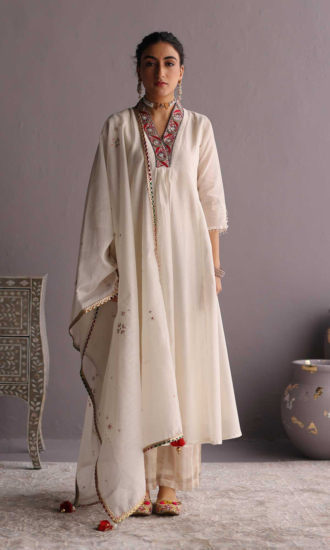 Ehram Set- Rust Orange chanderi hand embroidered kurta with Pants and dupatta (set of 3)
